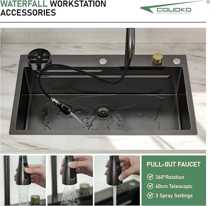 33 Inch Black Waterfall Kitchen Sink Drop In Smart Workstation Kitchen Sink 33X19 Inch 16 Guage Stainless Steel Single Bowl Multifunctional Sinks and Waterfall Faucet Combo Set with Cup Washer