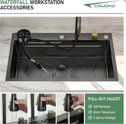 33 Inch Black Waterfall Kitchen Sink Drop In Smart Workstation Kitchen Sink 33X19 Inch 16 Guage Stainless Steel Single Bowl Multifunctional Sinks and Waterfall Faucet Combo Set with Cup Washer