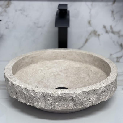 Shades of Nature Round Travertine Vessel Sink, Natural Stone Wash Basin, Hand-Carved Bathroom Sink, Chiseled Exterior, Polished Interior, Above Counter Vanity (Soap Tray Included)