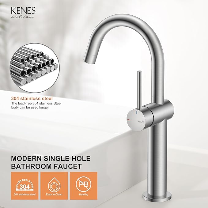 KENES Brushed Nickel Vessel Sink Faucet, Single Handle Tall Bathroom Faucet Single Hole, Modern Bathroom Vanity Faucet with Pop Up Drain and Supply Lines, KE-9005C