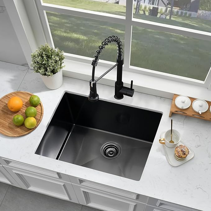 24 Inch Undermount Laundry Sink with Faucet Combo-Bokaiya 24x18x12 Black Stainless Steel Laundry Utility Sink Outdoor 16 Gauge Deep Single Bowl Laundry Room Sink