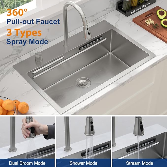 Sarlai 31 Inch Waterfall Kitchen Sink Drop In - 31x20 Waterfall Sink Ledge Workstation Stainless Steel 16 Gauge Multifunction Single Bowl Top Mount Kitchen Basin with Faucet Combo