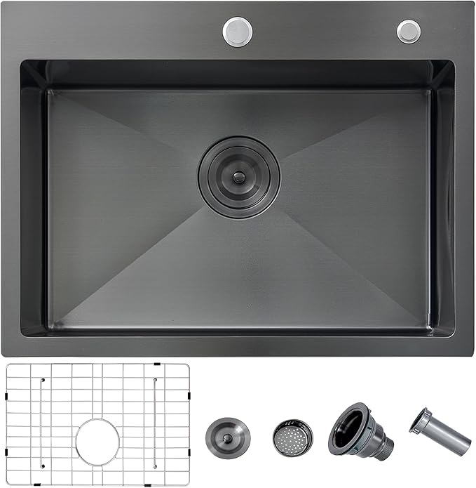HOTIS 24 X 18 Inch Black Drop In Kitchen Sink, Black Stainless Steel Kitchen Sink, Large Residential Sink with 2 Holes, Single Bowl Topmount Workstation Sink with Dish Grid & Drain