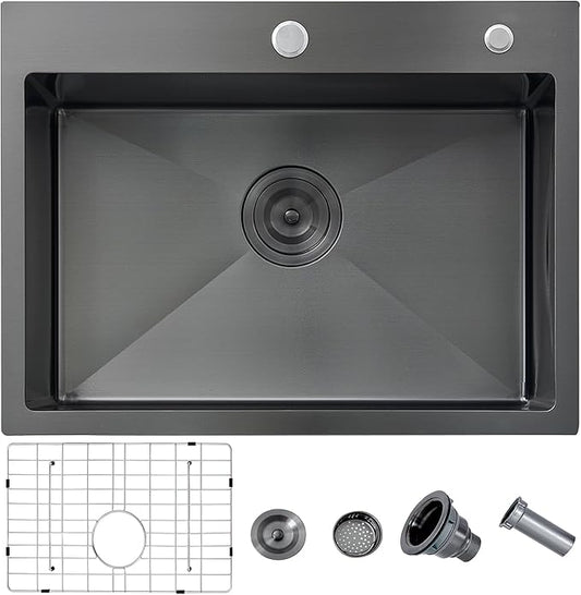 HOTIS 24 X 18 Inch Black Drop In Kitchen Sink, Black Stainless Steel Kitchen Sink, Large Residential Sink with 2 Holes, Single Bowl Topmount Workstation Sink with Dish Grid & Drain