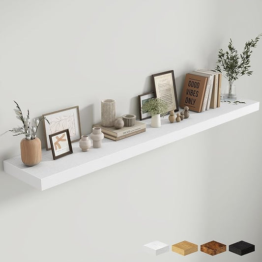 Fun Memories 72 Inch Fireplace Mantel Shelf, 12 Inch Deep Shelves for Display & Wall Storage, Rustic Wood Wall Shelf, Extra Long Floating Shelves for Living Room Laundry Room, White, Set of 1