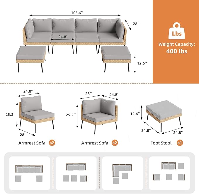 Aoxun 6-Piece Patio Furniture Set, Wicker Outdoor Furniture with Water Resistant Thick Cushions, Patio Conversation Set Outdoor Sectional Sofa with Coffee Table for Backyard Poolside, Light Grey