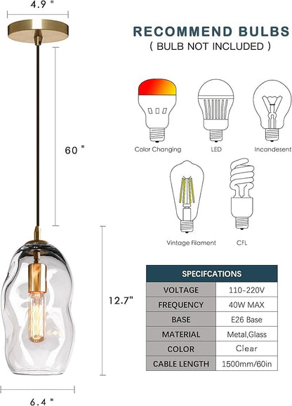 CASAMOTION Large Pendant Lights Modern Kitchen Island Lighting Blown Art Glass Gold and Clear Hanging Light for Dining Table Foyer Bedroom Entryway Hallway Lamp 12" Inch 1 Pack
