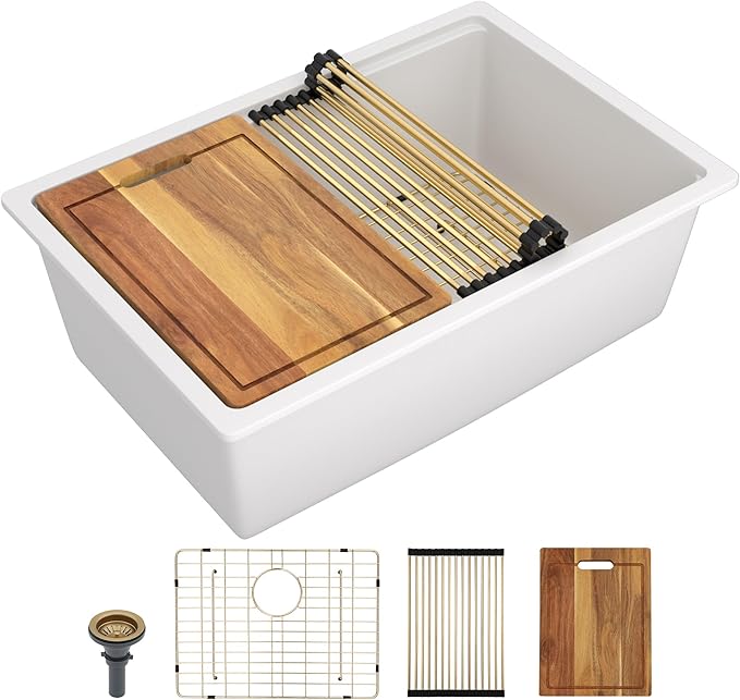 28 Granite Composite Kitchen Sink - Fulorni 28"x19" Granite Kitchen Sink White Undermount Ledge Workstation Quartz Classic Luxury Under Counter Single Bowl Sink Basin