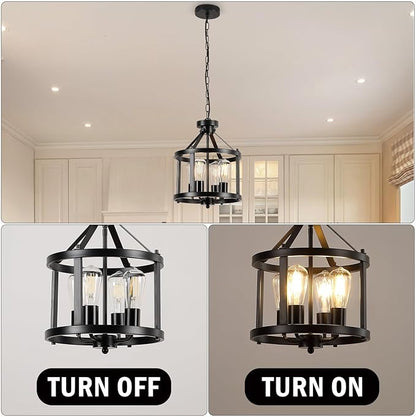 Black Farmhouse Chandelier, 4-Light Pendant Lights over Kitchen Island, Industrial Chandelier Ceiling Hanging Light Fixtures for Entryway Dining room Foyer Hallway Living Room, Adjustable Height