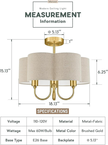 Gold Semi Flush Mount Ceiling Light, 18" 4-Light Light Fixtures Ceiling Mount with Brown Linen Petal Shade for Kitchen Nursery Entryway Hallway Bedroom, E26 Base, SM179-BG-L-6