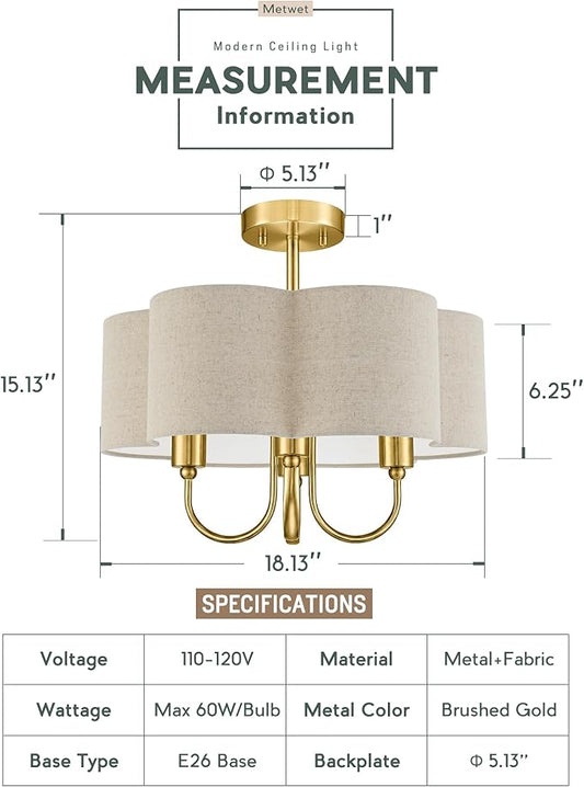 Gold Semi Flush Mount Ceiling Light, 18" 4-Light Light Fixtures Ceiling Mount with Brown Linen Petal Shade for Kitchen Nursery Entryway Hallway Bedroom, E26 Base, SM179-BG-L-6