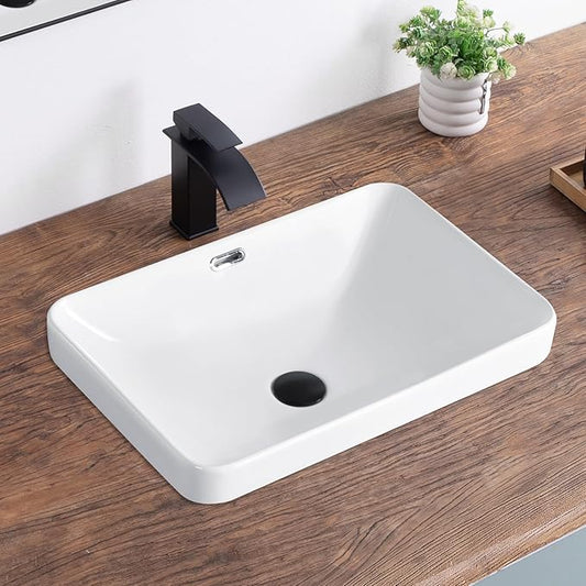 Bathroom Vessel Sink 21.6" X 14.3" Semi Recessed Bathroom Sink Rectangular Drop In Bathroom Sinks with Overflow White Ceramic Vessel Sinks for Bathroom Modern Above Counter Basin Vanity Sink