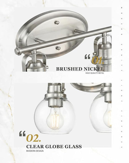 Bathroom Light Fixtures, 2-Light 14" Brushed Nickel Vanity Lights with Clear Globe Glass Shades, Farmhouse Vintage Vanity Lighting Fixtures Over Mirror, E26 Base, AD-2147-2W-SN
