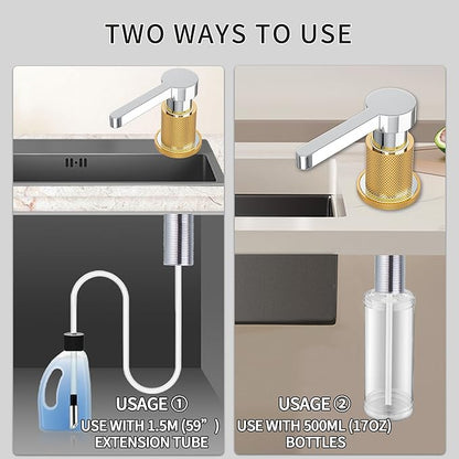 SD-80 All Brass Sink Soap Dispenser for Kitchen Sink Copper Pump Built in Dish Soap Dispenser with 17.6 oz(520ml) Bottle and 59"(1.5m) Extension Tube Kit (White)