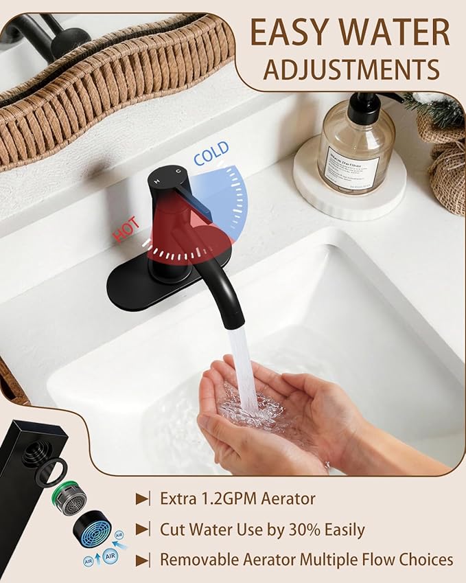 Fransiton Matte Black Bathroom Faucet Single Hole with Pop-Up Bathroom Drain and Flexible Hoses Single Handle Bathroom Sink Faucet w/Deck Plate(1 or 3 Hole) for Vanity Sinks, RV, Farmhouse