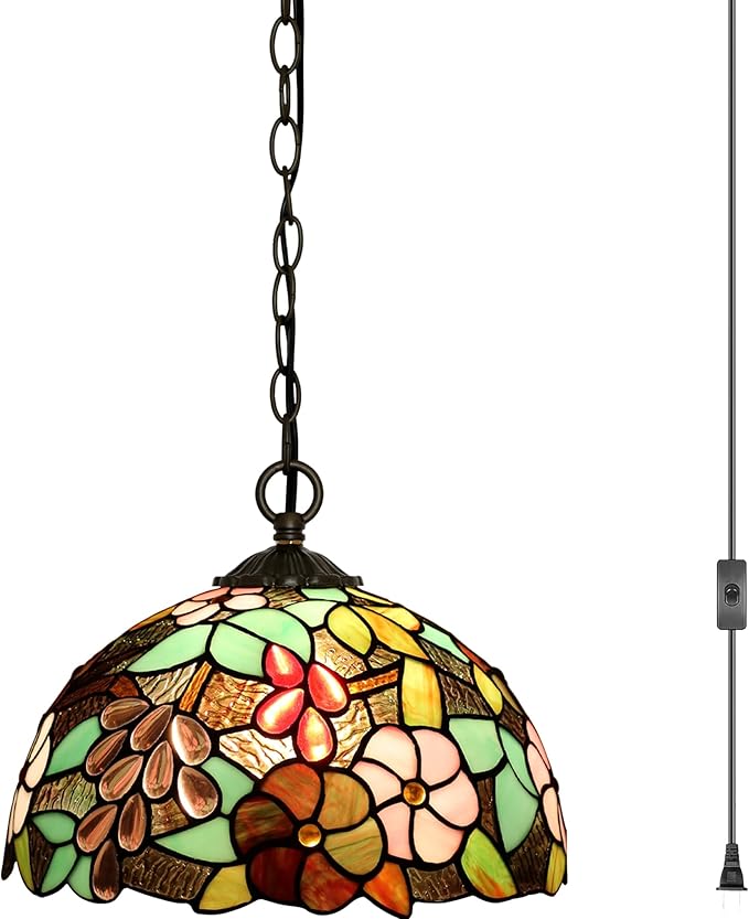 Tiffany Pendant Light Plug-in Stained Glass Hanging Lamp 12”x12”x181” Grape Swag Light Vintage Lighting for Dining Room Living Room Kitchen Hallway Bedroom