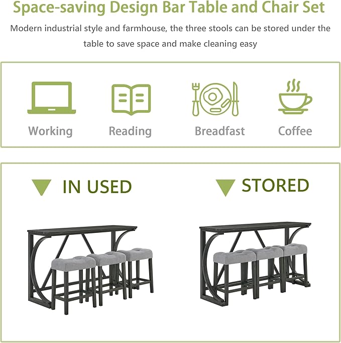 Merax 59 Inch Industrial Bar Table Set with Power Outlet, 3 Linen Upholstered Stools, Counter Height Table Set with 24 Inch Seat Height Stools for Kitchen, Living Room,Black+Light Gray