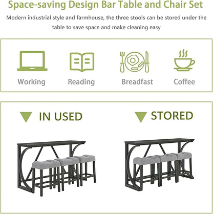 Merax 59 Inch Industrial Bar Table Set with Power Outlet, 3 Linen Upholstered Stools, Counter Height Table Set with 24 Inch Seat Height Stools for Kitchen, Living Room,Black+Light Gray