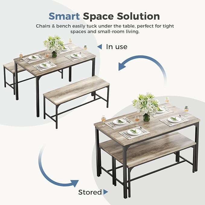 DUMOS Dining Table, Dining Table Set for 4 with Bench, Easy to Assemble Kitchen Table, Space-Saving Ideal 4-Person Set for Dining Room Kitchen Apartment Corner Gray 3 Pack