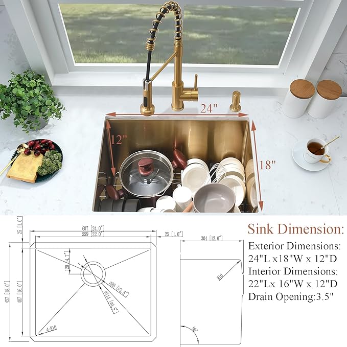 Undermount Gold Laundry Sink-Bokaiya 24"x18"x12" Gold Stainless Steel Laundry Room Sink Outdoor Utility 16 Gauge Single Bowl Kitchen Sink with Faucet Combo