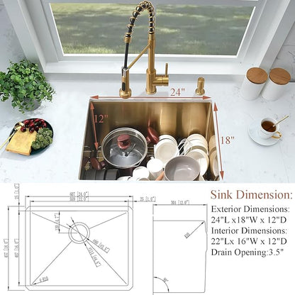 Undermount Gold Laundry Sink-Bokaiya 24"x18"x12" Gold Stainless Steel Laundry Room Sink Outdoor Utility 16 Gauge Single Bowl Kitchen Sink with Faucet Combo