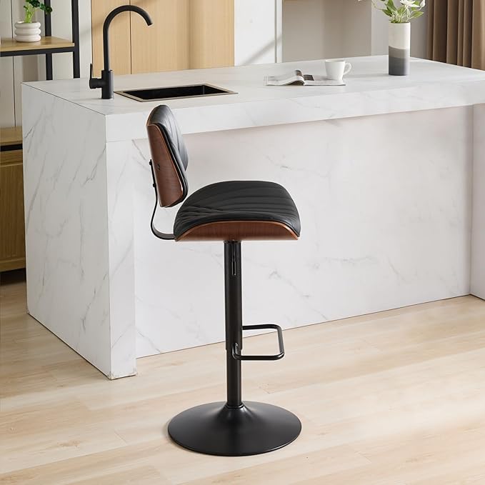 Modern Mid Century Adjustable Counter Height Leather Upholstered 360°Swivel Bar Chairs for Kitchen Island/Dining Room/Cafe, 1 Chair