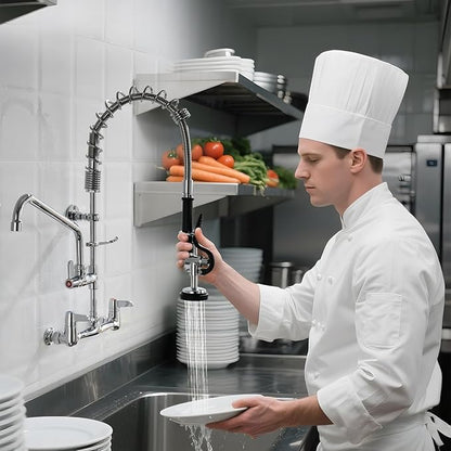 CENOSA Commercial Sink Faucet Wall Mount with Pre-Rinse Sprayer – 8 Inch Center Wall Mount Sink Faucet, 25" Height, 12" Swing Spout, Pull Down Sprayer for Industrial & Restaurant Sinks