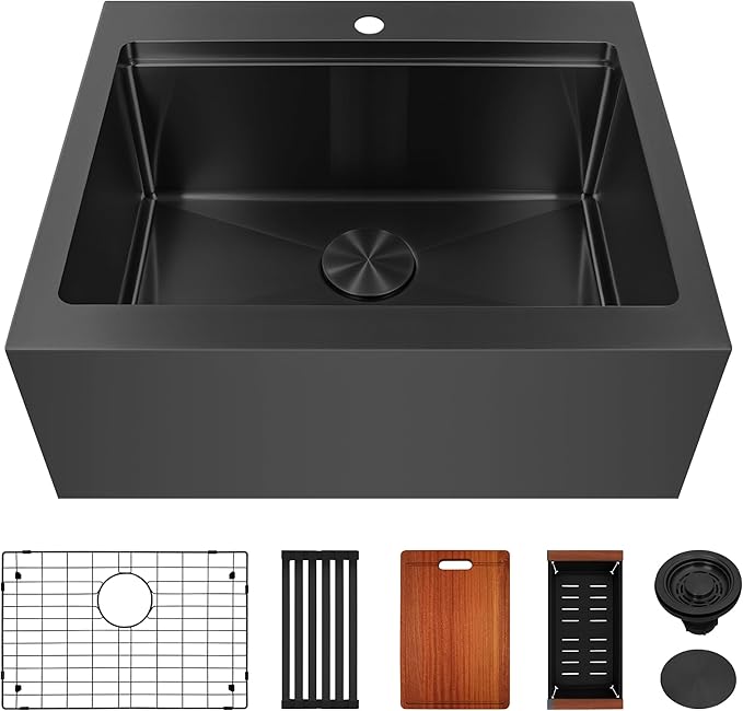 Rhbamoa Black Farmhouse Sink 28 inch,16 Gauge T304 Stainless Steel Drop in Farm Sinks,Black Single Bowl Apron Front Kitchen Farm Sink,Deep Topmount Workstation Sinks with All Accessories