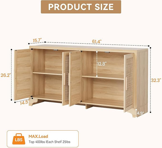 GarveeHome 4-Door Sideboard Buffet Cabinet, Natural Rattan Storage Cabinet, Boho Entryway Console Table, Coffee Bar Station for Dinning Room, Living Room, Kitchen