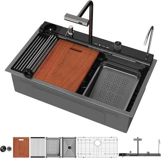 Mocoloo 33 Inch Black Honeycomb Waterfall Kitchen Sink Drop in, 33x19 Inch Stainless Steel Workstation Sink 16 Gauge Topmount Single Bowl LED Display Sink with Complete Kit