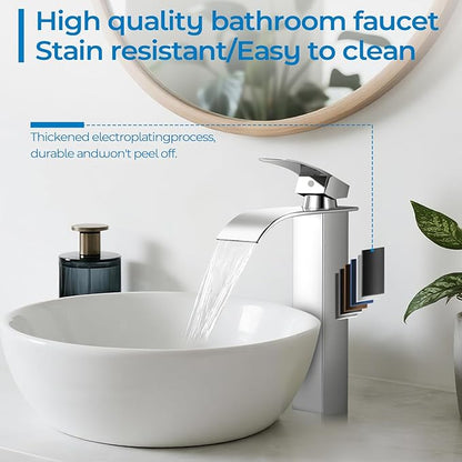 Chrome Bathroom Faucets, Tall Waterfall Bathroom Sink Faucet Modern Single Handle Bathroom Faucte 1 Hole, Tall Spout Vessel Faucet Mixer Tap Washbasin Faucet with Pop-up Drain, Supply Hoses