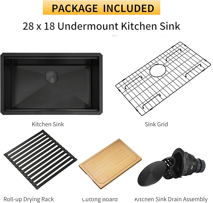 Black Undermount Kitchen Sink, 16 Gauge T-304S Stainless Steel Single Bowl Workstation Sinks with Full Set Accessories, 28" x 18" x 10" Handmade Deep Kitchen Sink