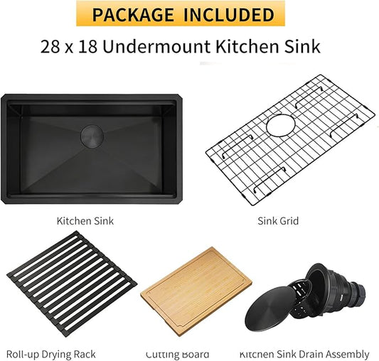 Black Undermount Kitchen Sink, 16 Gauge T-304S Stainless Steel Single Bowl Workstation Sinks with Full Set Accessories, 28" x 18" x 10" Handmade Deep Kitchen Sink