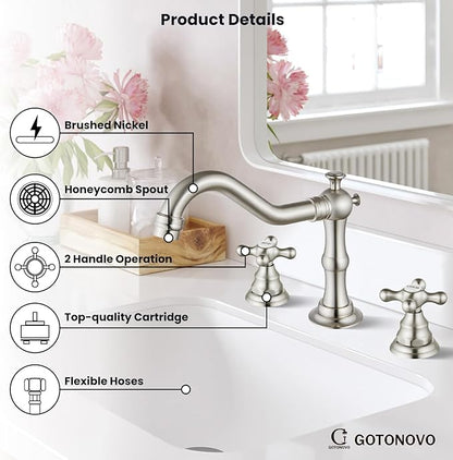 gotonovo Bathroom Faucet 3 Hole 8 Inch Widespread Bathroom Sink Faucet 2 Cross Handles Vintage Lavatory Vanity Mixer Tap with Pop Up Drain, HOT Cold Label, Brushed Nickel