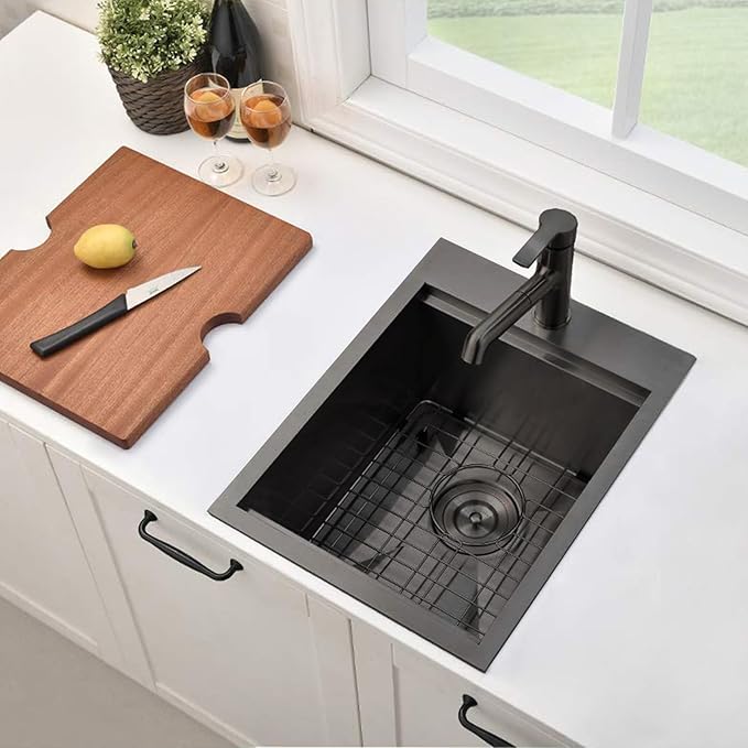 IKEBANA 15 Inch Black Bar Sink Drop In, 16 Gauge Stainless Steel Topmount Small Kitchen Sink, 15x20 Inch Single Bowl Wet Bar Outdoor RV Prep Laundry Sinks With Dish Grid& Drain