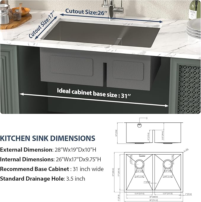 Lordear 28 Undermount Sink Double Bowl Kitchen Sink 28X19 Inch Undermount Low Divide Double Bowl 60/40 16 Gauge Stainless Steel Kitchen Sinks