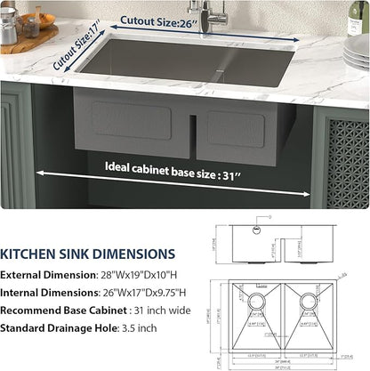 Lordear 28 Undermount Sink Double Bowl Kitchen Sink 28X19 Inch Undermount Low Divide Double Bowl 60/40 16 Gauge Stainless Steel Kitchen Sinks