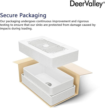 33In White Farmhouse Sinks for Kitchens, DeerValley 33 Inch Farm Kitchen Sink Workstation Flat Apron Front, White Fireclay Single Bowl Kitchen Basin with Cutting Board, Dish Rack & Grid, Easy to Clean