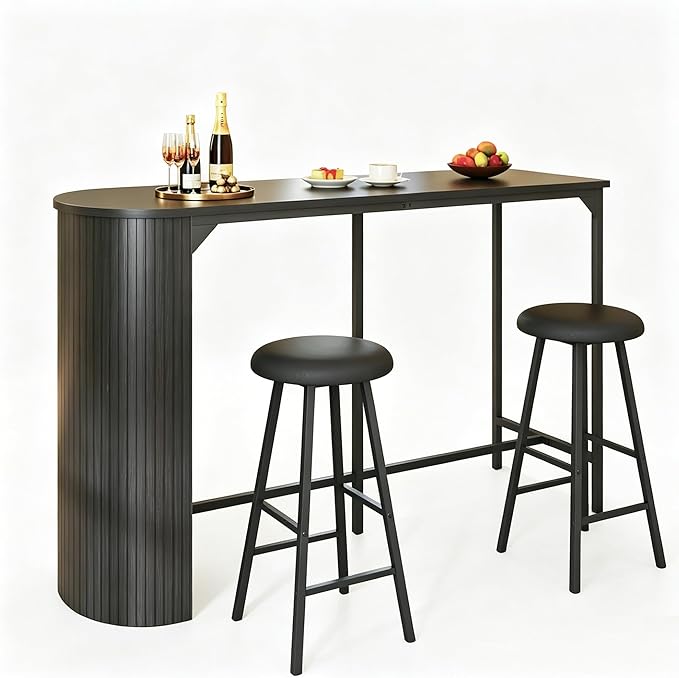 Fluted Bar Table and Chairs Set, 55'' Long Bar Tables with 2 Stools, 3 Piece Counter Height Dining Table for 2, Space Saving Kitchen Table for Bar, Dining Room, Kitchen, Breakfast Nook Corner, Black