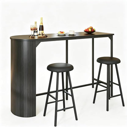 Fluted Bar Table and Chairs Set, 55'' Long Bar Tables with 2 Stools, 3 Piece Counter Height Dining Table for 2, Space Saving Kitchen Table for Bar, Dining Room, Kitchen, Breakfast Nook Corner, Black