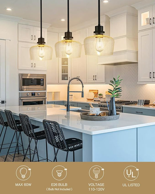 Emak 2 Pack Pendant Lights Kitchen Island, 8 Inch Black Pendant Light with Seeded Glass Shade, Modern Farmhouse Hanging Light Fixture for Kitchen Island, Bathroom, Bedroom, PL122-BK-2PK