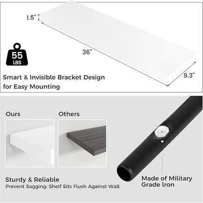 Venusmiles Floating Shelves for Wall, Engineered Wood Wall Shelves with Invisible Brackets for Living Room Bedroom Bathroom Office Kitchen Decor and Storage (White, 36" W x 9" D x 1.5" H) Set of 2