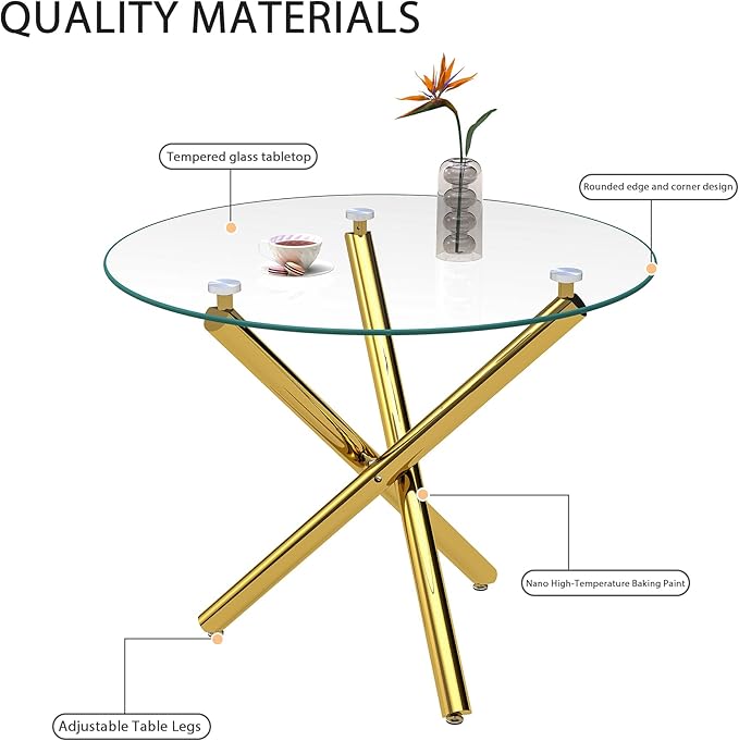 Pvillez 36“ Round Dining Table for 4, Contemporary Tempered Glass Dining Table, Small Dinner Table with Gold Cross Metal Base, Round Clear Kitchen Table Writing Desk for Dining Kitchen