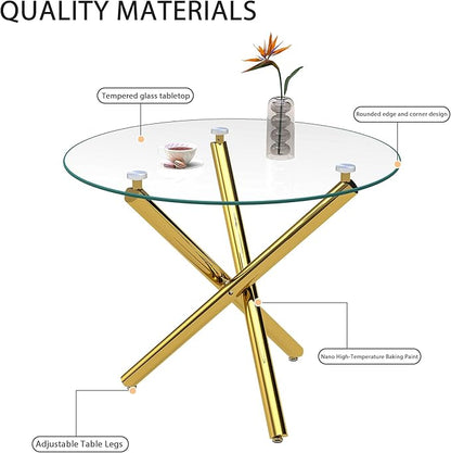 Pvillez 36“ Round Dining Table for 4, Contemporary Tempered Glass Dining Table, Small Dinner Table with Gold Cross Metal Base, Round Clear Kitchen Table Writing Desk for Dining Kitchen