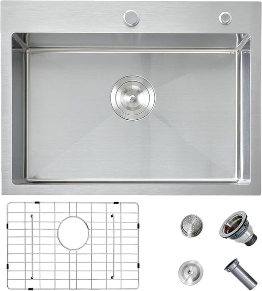HOTIS 24 x 18 Inch Drop In Kitchen Sink, Overmount 304 Stainless Steel RV Laundry Utility Sink, Topmount Extra-thick 16 Gauge Brushed Nickel Single Bowl Sink with Dish Grid & Drain