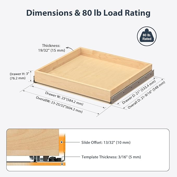 Pull Out Drawers for Cabinets - Birch Wood Pull-Out Drawer 23" W x 21" D - Soft Close Slide Out Shelves for Kitchen Cabinets & Pantry Cabinet Organizer, Heavy Duty, Full-Extension