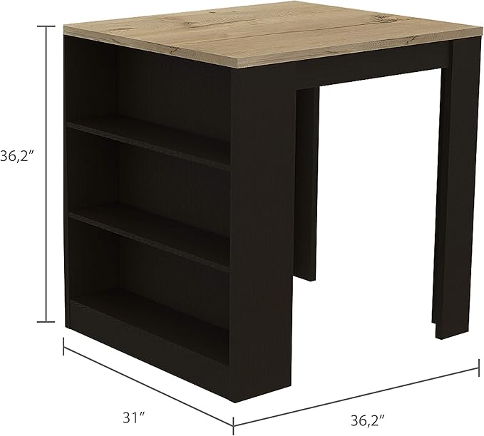 Modern Kitchen Island Table, Two-Leg, Three Shelves, Black & Pine - Compact Dining Solution