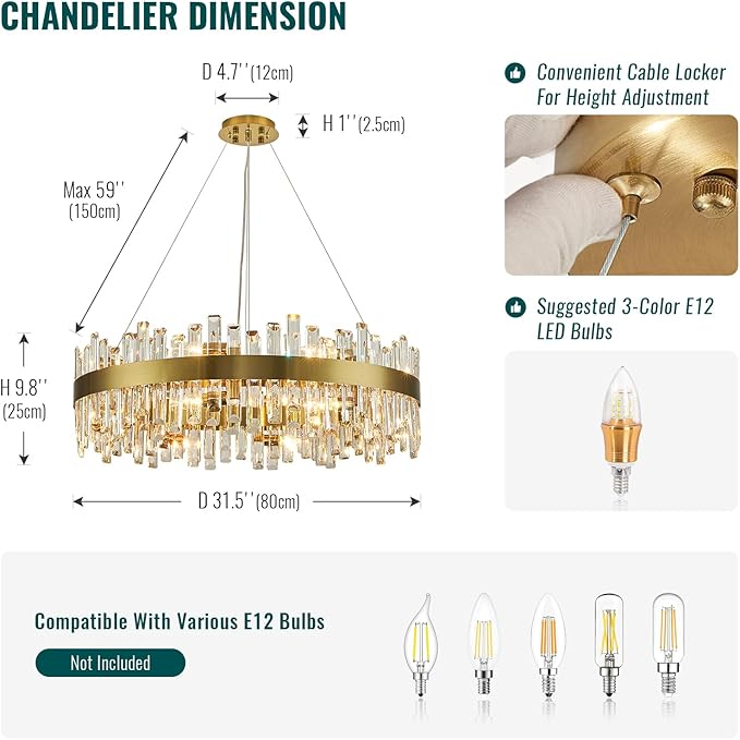 Siljoy 16-Light Modern Crystal Chandelier, 31.5'' Luxury Dimmable Brass Gold K9 Crystal Raindrop Chandelier Adjustable Hanging Crystal Ceiling Light for Dining Living Room Kitchen Island Entry Foyer