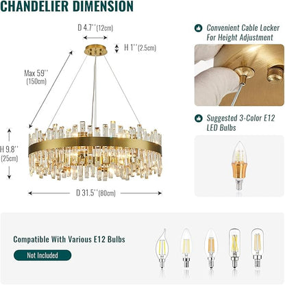Siljoy 16-Light Modern Crystal Chandelier, 31.5'' Luxury Dimmable Brass Gold K9 Crystal Raindrop Chandelier Adjustable Hanging Crystal Ceiling Light for Dining Living Room Kitchen Island Entry Foyer