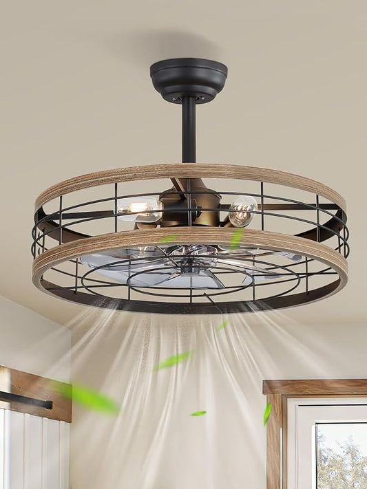 LEDIARY 22 inch Caged Ceiling Fan with Light, Fandelier Industrial Ceiling Fan with Remote, Farmhouse Fan Lights Ceiling Fixtures for Kitchen, Bedroom, Outdoor（6 Speed, Timing）-Brown